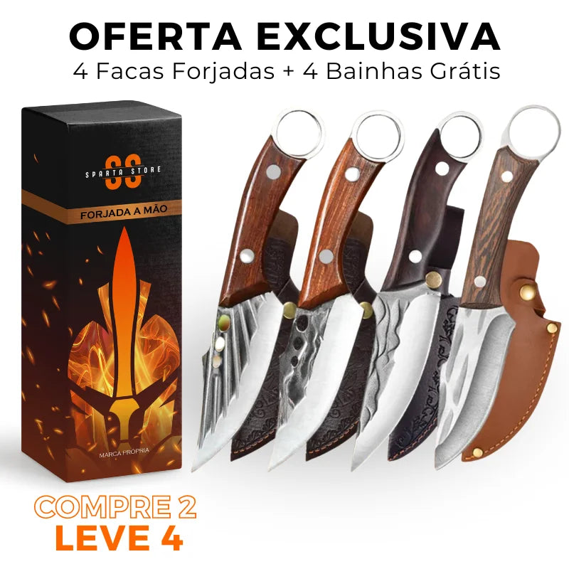 (COMPRE 2 LEVE 4) Combo 4 Facas Profissionais Esparta™  • 100% Forjadas a Mão + Bainha Grátis