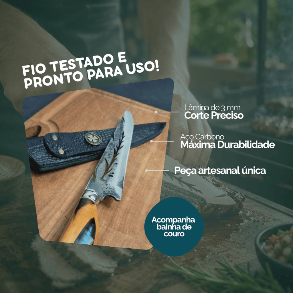 Faca Artesanal Aço Carbono 9” Folha  Cabo com Isca Artificial Pesca • 100% Forjada à Mão (+Bainha de Couro Grátis)